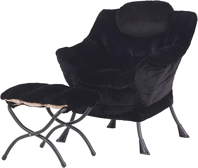 Lazy Chair with Ottoman, Modern Accent Chair Sofa Chair with Armrests, Reading Chair and Folding Footstool for Living Room, Bedroom, Office, Plush Black