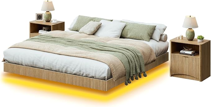 Evermagin Bedroom Furniture Set-Bed with 2 Nightstands, Mid Century Modern Bedroom Set, Floating Bed Frame Led Lights, Fluted Floating Room Furnitures, 3-Piece Room Set (Nbh, King)