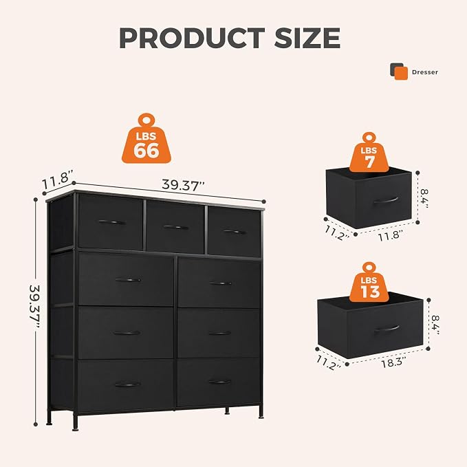 Sweetcrispy Dresser for Bedroom with 9 Storage Drawers, Tall Large Fabric Storage Tower Organizer, Chest of Drawers with Metal Frame Wooden Top for Closet, Living Room, Entryway, Black - Image 3