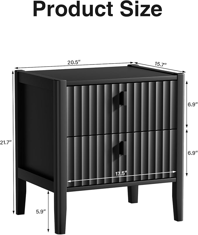 Furniway Nightstand Set of 2, Modern End Table with Solid Wood Legs, Bedside Table with 2 Drawers and Metal Handles for Bedroom, Black - Image 2