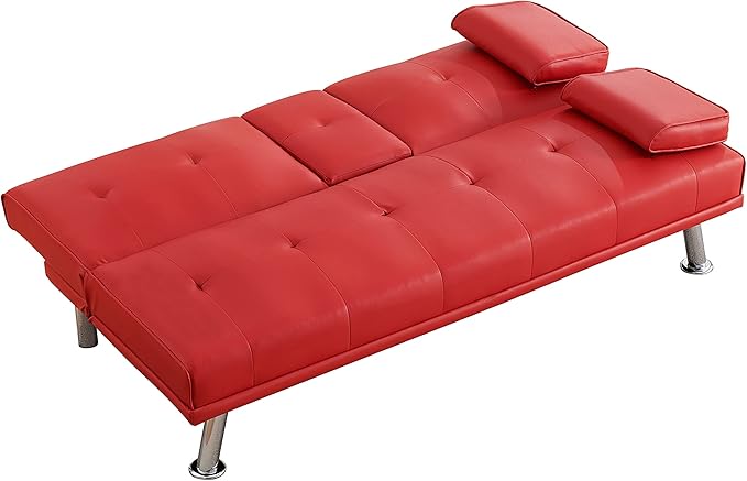 KEIKI 67" Leather Folding Futon Sofa w/Cup Holder & Adjustable Backrest, Mid Century Modern Couch Loveseat Convertible to Sleeper Bed, Comfy Cloud Couch SofaBed for Living Room & Bedroom, Red