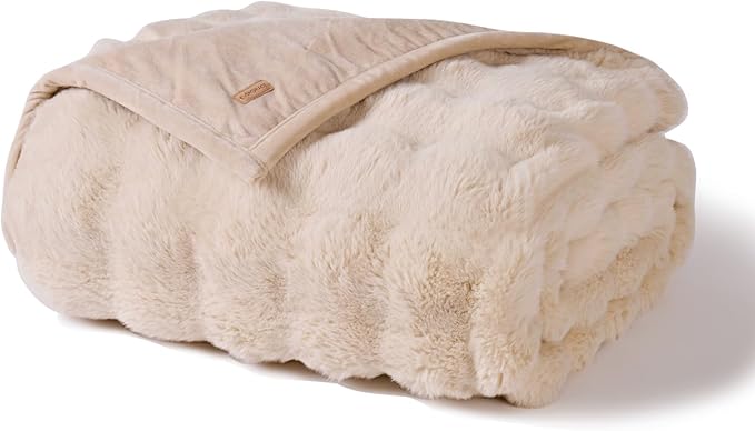 EverGrace Ultra Soft Luxury Fluffy Faux Rabbit Fur Throw Blanket, Thick Warm Bubble Throw for Bed, Cozy Plush Reversible Blankets for Couch, Chair, Sofa, Cream, 80x90 Inches