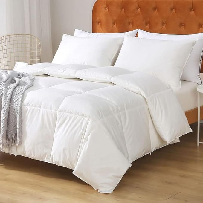 Feathers Down Comforter King - Organic Cotton Quilted Medium Warm All Seasons Duvet Insert or Stand-Alone Comforter (106x90, Ivory White)