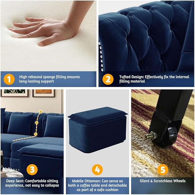 Eafurn 3 in 1 Oversized Chesterfield Loveseat Sofa Convertible Pull Out Sleeper Sofabed King Size Couch Bed w/Movable Ottoman and Nailhead Trim for Living Room Tufted Velvet Recliner Daybed Sofacama