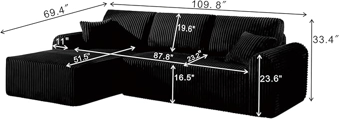 109-Inch L-Shaped Left Facing Boneless Corner Sofa 2 PCS Modular Sectional Cloud Sofa Couch with Chaise Lounge and Toss Pillow, Corduroy Boneless L-Shaped Couches