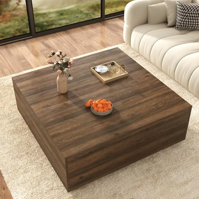 43 Inch Large Square Coffee Table with Storage,Modern Wooden Coffee Tables with 2 Drawers Storage for Living Room,Mid Century Tea Table/Aesthetic Coffee Table Center Table for Home Office(Walnut)