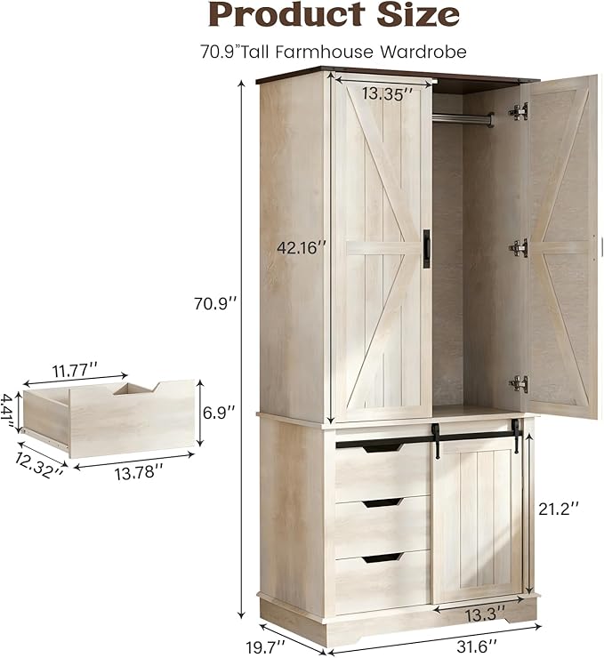 71" Tall Farmhouse Armoire Wardrobe Closet with 3 Drawers and Sliding Barn Door, 3 Doors Wooden Wardrobe Cabinet Clothing Storage Cabinet Organizer, Neoclassical White