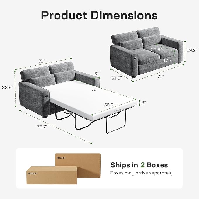 Marsail Pull Out Sofa Bed, Queen Size Sleeper Sofa with Memory Foam Mattress, 2 USB Charging Ports & Removable Covers, Chenille Loveseat Couch for Living Room, Apartment, Light Grey