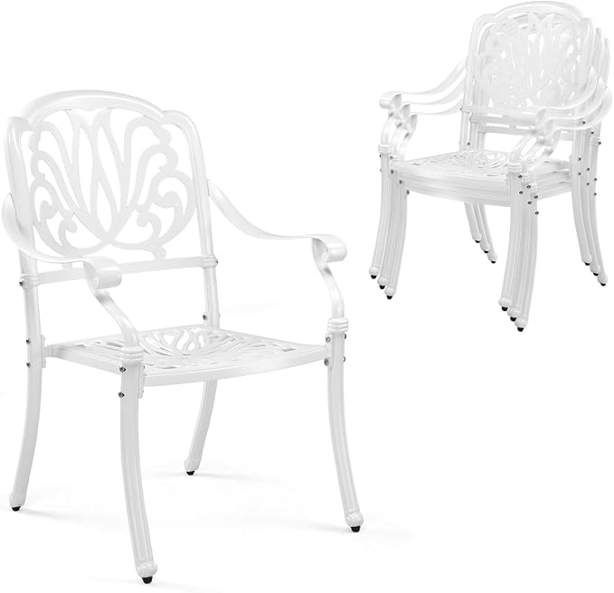 VINGLI Patio Chairs Set of 4 - Stackable Outdoor Cast Aluminum Dining Chairs with Vintage White Finish and Floral Pattern, Metal Armchairs for Poolside, Backyard, Balcony (No Cushion) by VINGLI