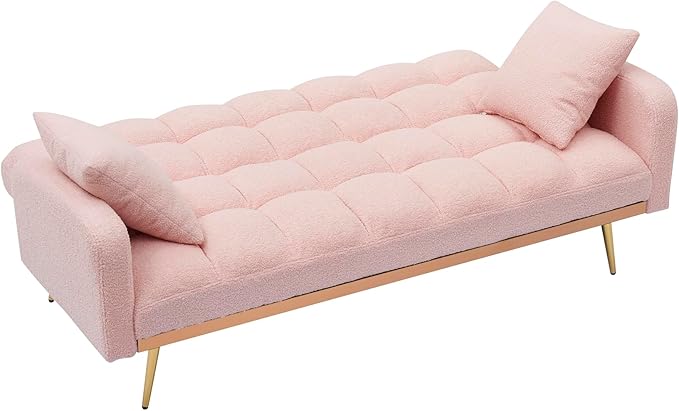 Convertible Futon Loveseat Couch Reversible Loveseat Folding Daybed Guest Bed, Tufted Teddy Fleece Upholstered Convertible Sleeper Sofa Bed with Golden Metal Legs and 2 Pillows for Living Room Office