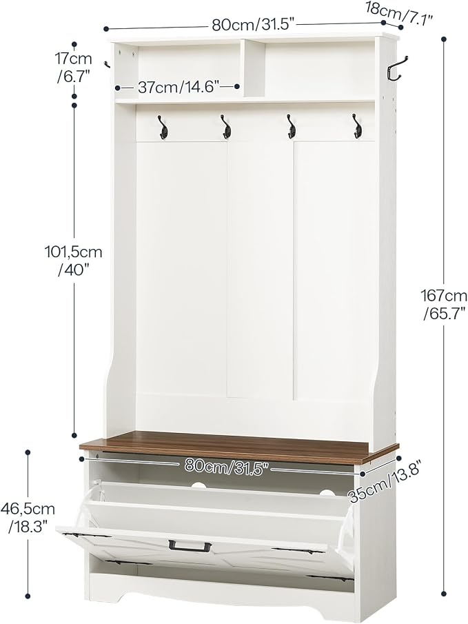 HOOBRO Hall Tree with Bench, Entryway Bench with Coat Rack and Shoe Cabinet, Flip Drawers, Farmhouse Hall Tree with Shoe Organizer, Mud Room, White and Walnut WH85MT01 - Image 3