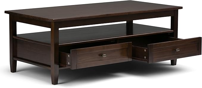 SIMPLIHOME Warm Shaker Coffee Table - 48 inch Wide Solid Wood Coffee Table in Tobacco Brown, Transitional Living Room Table with 2 Drawers, Open Shelf, Shaker Fronts and Tapered Legs