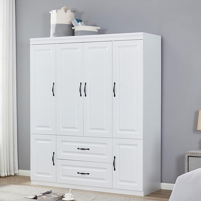 Wooden Armoire Wardrobe Closet White Large Capacity Storage Tall Clothes Cabinet with 4 Doors, Armoires and Wardrobes with 2 Drawers, 2 Hanging Rods and Shelves for Bedroom Armoire, White
