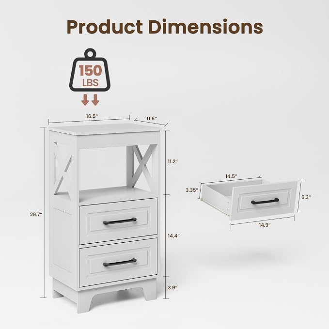 Tall Nightstand Set of 2 Side Table with 2 Drawers Modern Night Stand Wooden End Table Bedside Table with Upper Open Shelf Solid Feet for Bedroom, White - Image 3