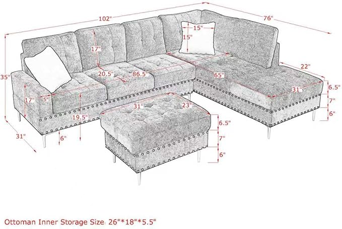 ERYE 102-Inch L-Shaped Corner Sectional Sofa Chenille Upholstered Tufted Corner Sofa Couch with Storage Ottoman and Nailhead Decor,Modern L-Shaped Convertible Couches