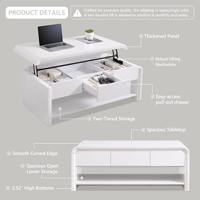 47" Lift Top Coffee Table with Storage, Modern Coffee Table with Pull-Out Drawer and Two-Tier Storage, Rectangle Wood Center Table w/Curved Profile Design for Living Room, White