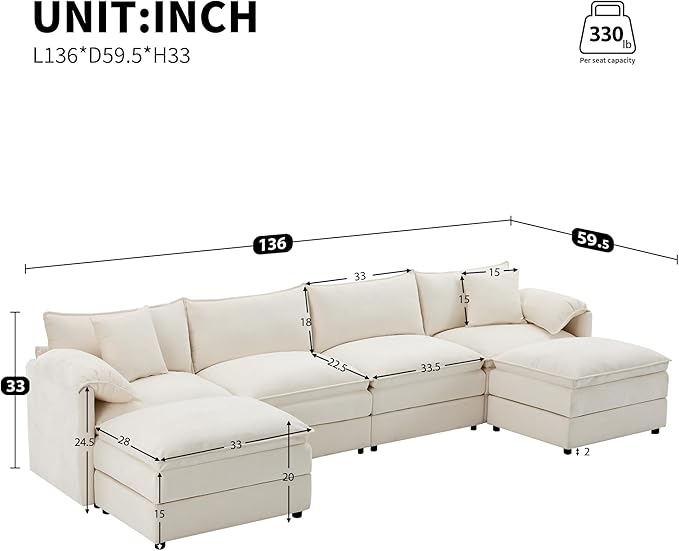 Merax 136" Chenille Modular Sectional Sofa, 6-Seat U-Shaped Oversized Cloud Couch Set, with Double Cushions and Movable Ottomans, Deep & Wide Seating, Cream