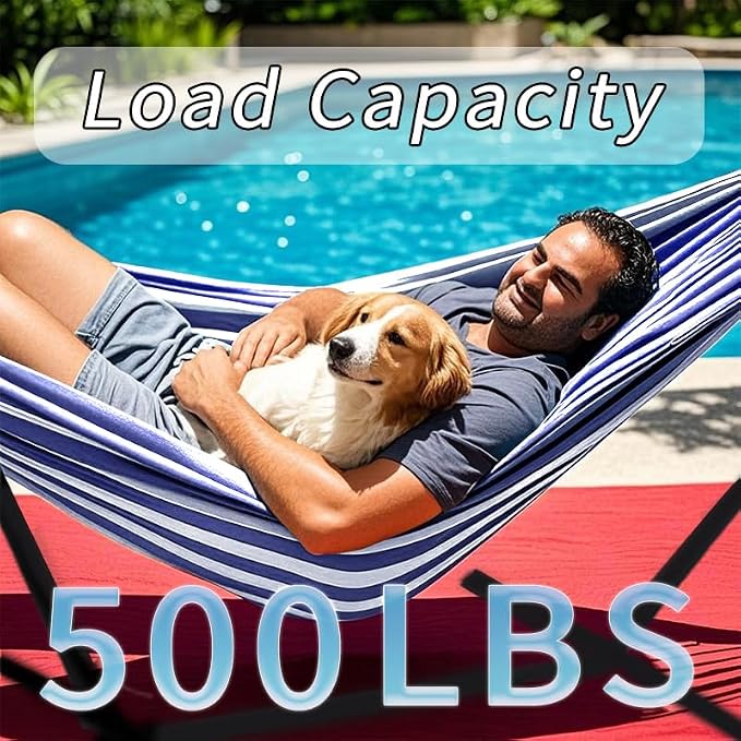 ANAGOO Double Hammock, Heavy Duty Portable, 500 lb Weight Capacity, Perfect for Both Indoors and Outdoors, 2 Person Hammock with Carrying Bag, Blue White - Image 4