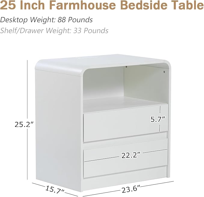 Modern Nightstands with Charging Station, White Night Stand with 2 Drawers, Wood End Table with Storage, 23.6'' Wide Bedside Cabinet for Bedroom - Image 2