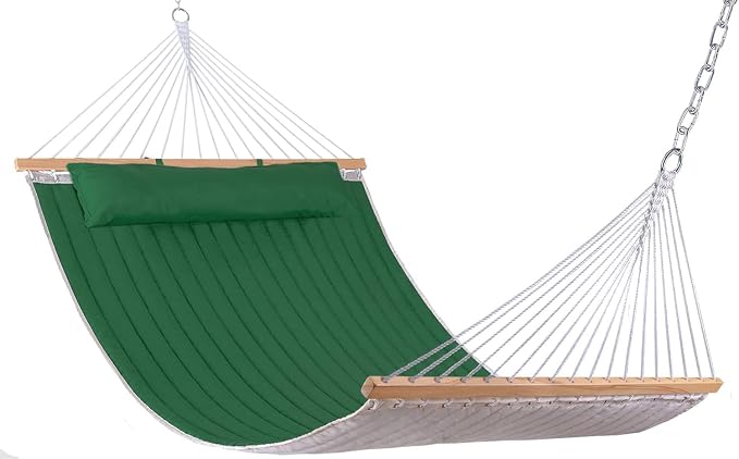Lazy Daze Hammocks 12 FT Double Quilted Fabric Hammock with Spreader Bar and Detachable Pillow, 2 Person Hammock for Outdoor Patio Backyard Poolside, 450 LBS Weight Capacity, Dark Green by LazyDazeHammocks