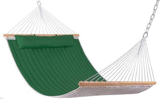 Lazy Daze Hammocks 12 FT Double Quilted Fabric Hammock with Spreader Bar and Detachable Pillow, 2 Person Hammock for Outdoor Patio Backyard Poolside, 450 LBS Weight Capacity, Dark Green by LazyDazeHammocks