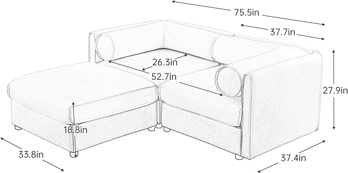KEIKI 76" Modular Loveseat Chenille Sectional Sofa with Storage Seat and 1 Ottoman, 2-Seater Couch with Cylindrical Backrest and Armrests, Easy Assembly, for Apartment, Living Room, Green
