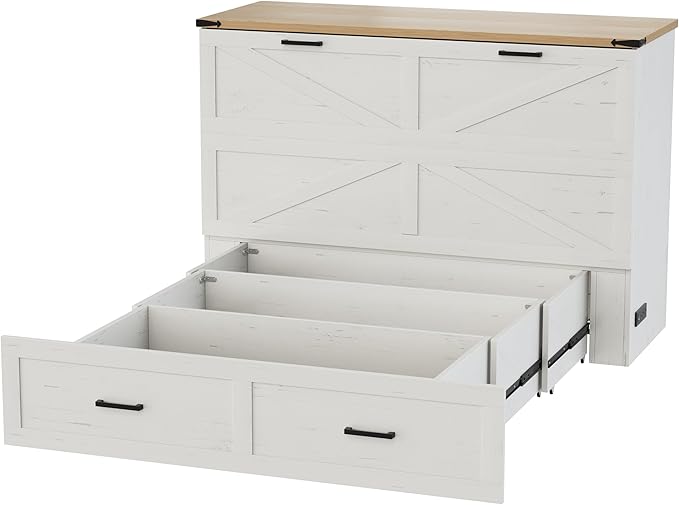 Bellemave Queen Murphy Bed, Cabinet Bed with Charging Station and 1 Large Storage Drawer, Farmhouse Murphy bedframe with Foldable Panel, Noisy Free, for Guest Bedroom, Living Room, White