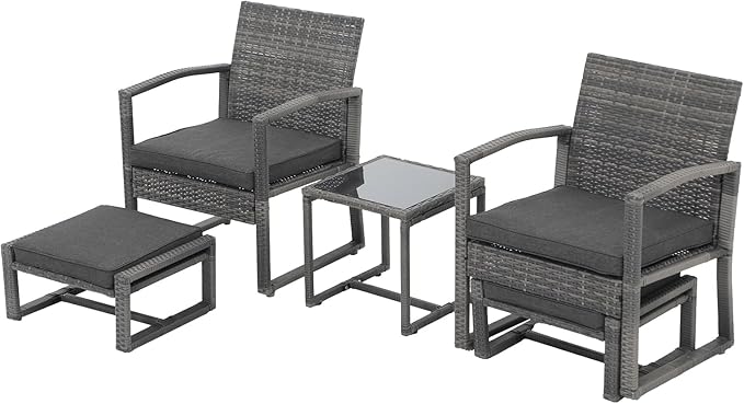 Patiorama 5 Piece Outdoor Patio Wicker Furniture Set, All Weather Grey PE Rattan Chair and Ottoman Footstool Set, W/Coffee Table, Cushions (Dark Grey) for Garden, Balcony, Porch, Space Saving Design
