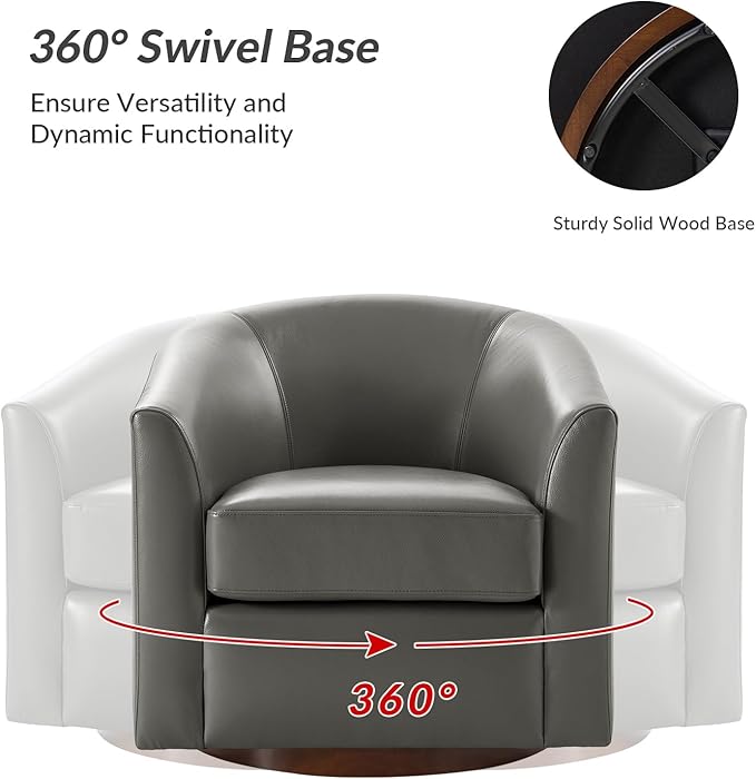 HULALA HOME Genuine Leather Swivel Accent Chair with Solid Wood Base, Round Swivel Barrel Chair for Living Room and Bedroom, No Assembly Required, Grey