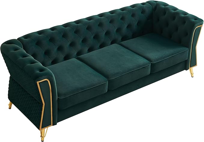 KEIKI 87" Chesterfield Velvet Button Tufted Sofa with High Density Foam Cushions, Modern Style 3-Seater Couch with Gold Strip Trim Decoration, Easy Assembly, for Apartment, Living Room, Office, Green