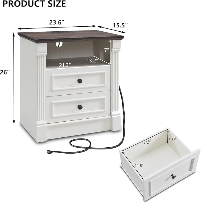 Aitjunz 26" Tall Farmhouse Nightstand, 2 Drawers End Table w/Charging Station, 23.6" Wide Large Side Table w/Roman Column, Wood Rustic Sofa Table w/Open Shelf, Bedside Table for Bedroom, White - Image 2