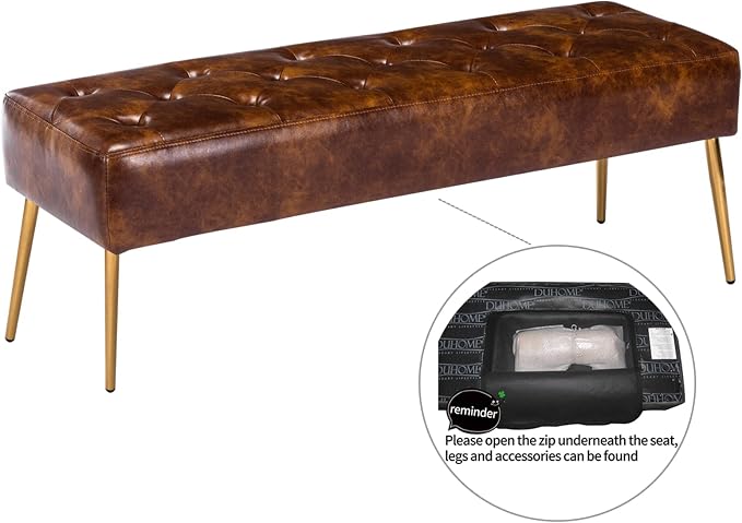 DUHOME Button-Tufted Ottoman Bench, Upholstered Bedroom Benches with Gold Legs Faux Leather Bench for Entryway Dining Room Living Room Bedroom End of Bed, Yellowish Brown - Image 5