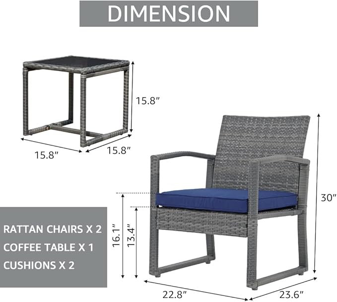 Patiorama 3 Pieces Outdoor Patio Furniture Set, Outdoor Wicker Conversation Set, Patio Rattan Chair Set, Modern Bistro Set with Coffee Table, Garden Balcony Backyard Poolside (Navy Blue)