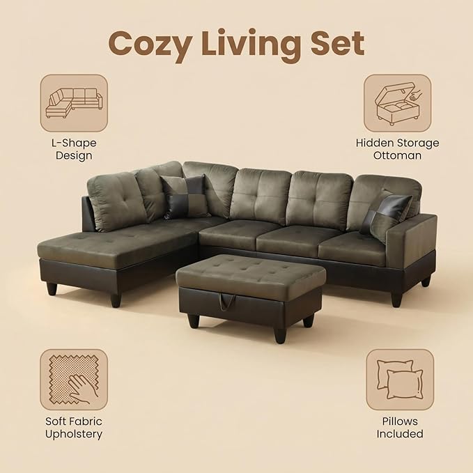 L-Shape Sofa with Storage Ottoman, Flannel Sectional Couch with Left Chaise, Modern 3-Piece Sofa Set for Living Room, Upholstered Couch Set with Solid Wood Frame for Apartment, Loft, Taupe