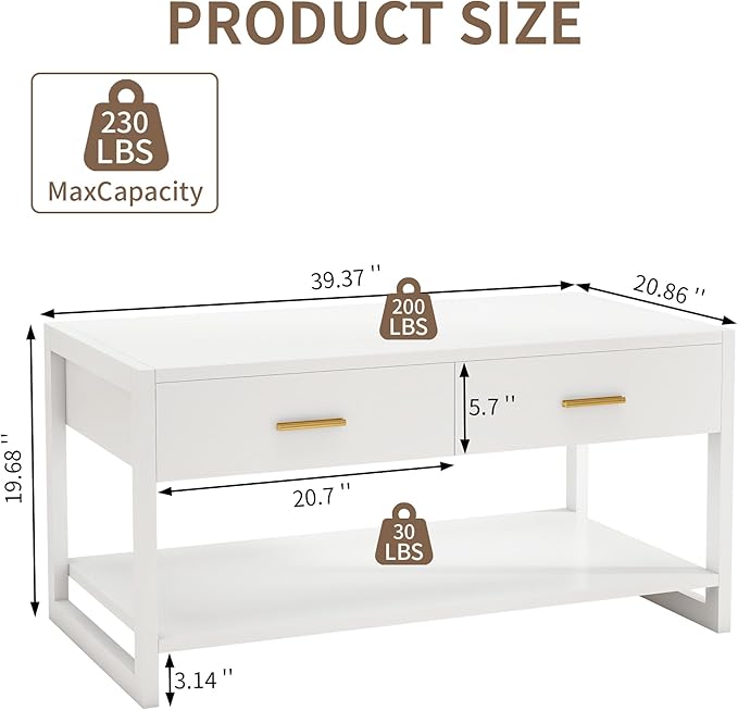 Coffee Table with Sensor Light - Modern Storage Coffee Table with Drawers and Shelf for Living Room, Office, Outdoor