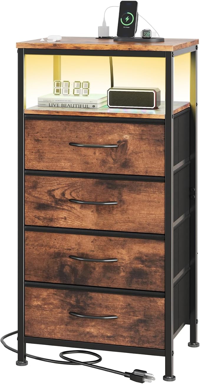 OLIXIS Nightstand with Charging Station, 4-Drawer Bedside Table with USB Ports & Type-C, Bedroom Night Stand with Fabric Drawers and Open Shelf, Tall Narrow End Table for Small Bedroom, Rustic Brown by OLIXIS