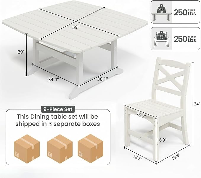 Outdoor Dining Set, HDPE 9-Piece Patio Table and Chairs Set, All-Weather Outdoor Dining Table Set for 8 with Umbrella Hole, Durable Patio Furniture Set with Chairs,White - Image 3