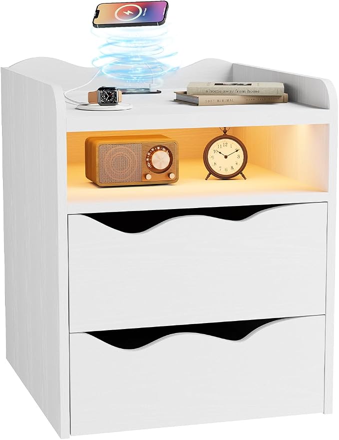 Nightstand with Wireless Charging Station, 12-RGB Color Night Stand with USB Ports and Type-C, 23.6" H Bedside Table with 1 Cabinet & Drawer, Small End Table for Bedroom (White) - Image 6