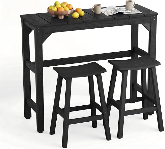 Stoog 3-Piece Patio Bar Set – All-Weather HIPS Outdoor Bar Stools Set of 2, Counter Height Bar Table with Waterproof Top, Fade & Rot Resistant, for Backyard, Deck, Garden, Black by Stoog