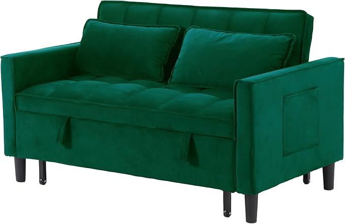 3 in 1 Convertible Sofa Bed, Love Seat Sleeper Bed with Side Pockets, Velvet Fabric Pull Out Couch with Adjustable Backrest for Living Room, Bedroom, Apartment, Dark Green