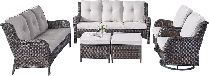 Rilyson Wicker Patio Furniture Set - 6 Piece Rattan Outdoor Sectional Conversation Sets with 2 Rocking Swivel Chairs,2 Ottomans and 2 Sofa for Porch Deck Garden(Brown/Beige)