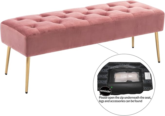 DUHOME Modern Velvet Ottoman Bench, Button-Tufted Upholstered Bedroom Benches,End of Bed Bench with Gold Base for Entryway Living Room Dining Room, Pink - Image 5