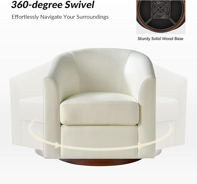 HULALA HOME Faux Leather Swivel Accent Chair with Solid Wood Base, Round Swivel Barrel Chair for Living Room and Bedroom, White