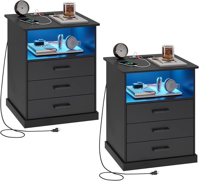 Hasuit Nightstands Set of 2 with Charging Station and LED Lights, Large Bedside Table with 3 Storage Drawer, Black Night Stand for Bedroom, Wider Tabletop 19.0''(L) x 15.0''(W) by Hasuit