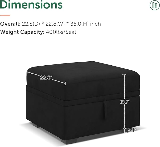 HONBAY Storage Ottoman Module for Sectional Sleeper Sofa with Pull Out Bed, Movable Footrest Ottoman for Modular Couch, Velvet Black