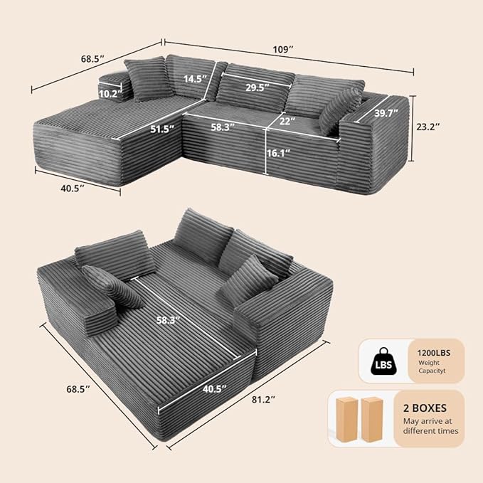 COMHOMA 105”Modular Sectional Sofa with Deep Seat,Cloud Upholstered L-Shape Couch Wide Arms Corduroy Fabric High-Density Foam Chaise Lounge for Living Room No Assembly Required