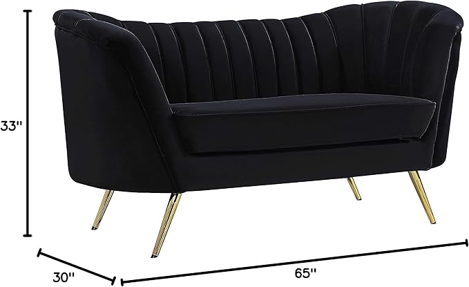 Meridian Furniture Margo Collection Modern | Contemporary Velvet Upholstered Loveseat with Deep Channel Tufting and Rich Gold Stainless Steel Legs, Black, 65" W x 30" D x 33" H