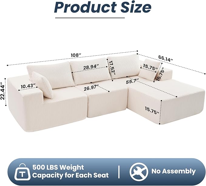 DUMOS 108” Modular Sectional Sofa, Cloud Sectional Couch with Deep Seat, Modern Modular L-Shape Sofa Couch with Chaise,Upholstered Boneless Couches for Living Room Bedroom (Beige,Right Facing Chaise)