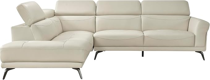 Lexicon L-Shaped Sectional Couch with Left Chaise, Top Grain Leather Match Sectional Sofa, Adjustable Headrests, Black Chrome Metal Legs, High-Density Cushions, Stitching, for Living Room, Beige