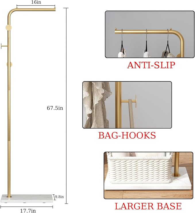 TIEOU Gold Coat Racks, Metal Coat Racks Freestanding with Crossbar and 3 Hooks, Modern Coat Hanger with Marble Base, L Shaped Coat Stand for Entryway, Bedroom, Living Room, Office - Image 2
